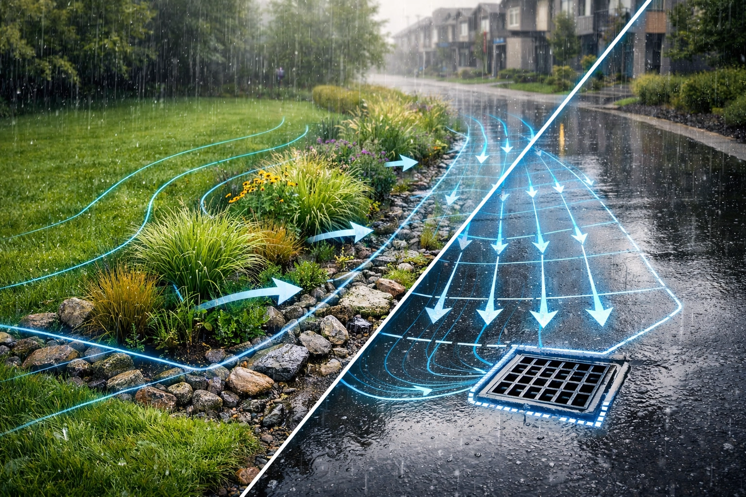 Modern residential site with rain garden and driveway showing engineered stormwater drainage flow path.