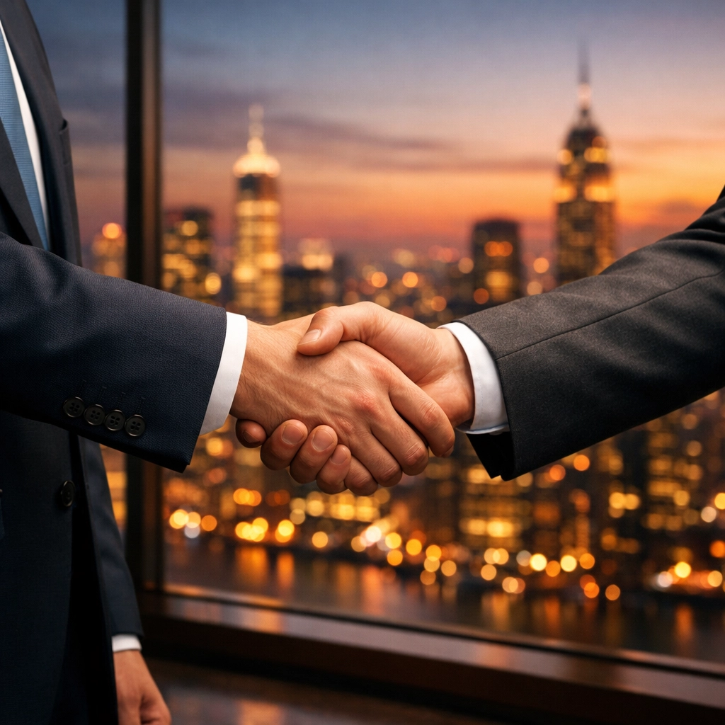 Executives shaking hands overlooking a city skyline, representing strategic partnerships and brand growth.