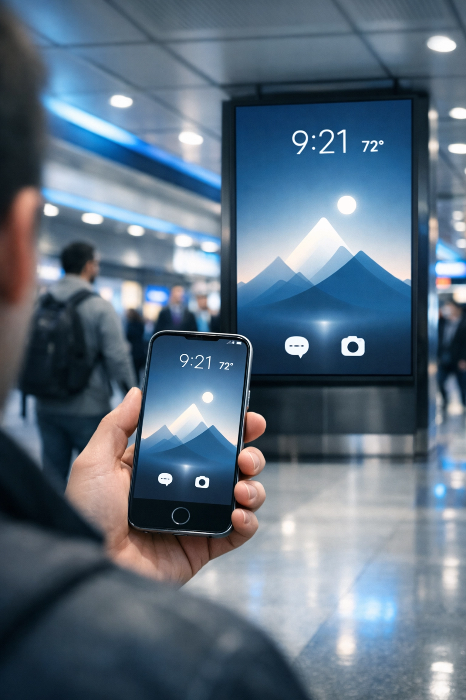 Mobile device syncing with a digital billboard to demonstrate omnichannel DOOH marketing integration.