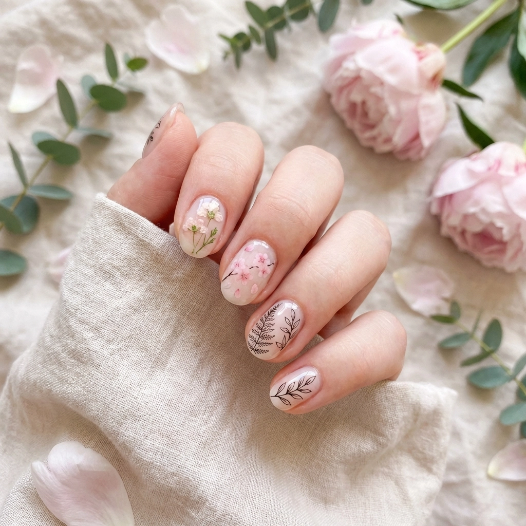 Hand with botanical Japanese gel nail art, featuring pressed flowers, watercolor blossoms, and garden-inspired designs.