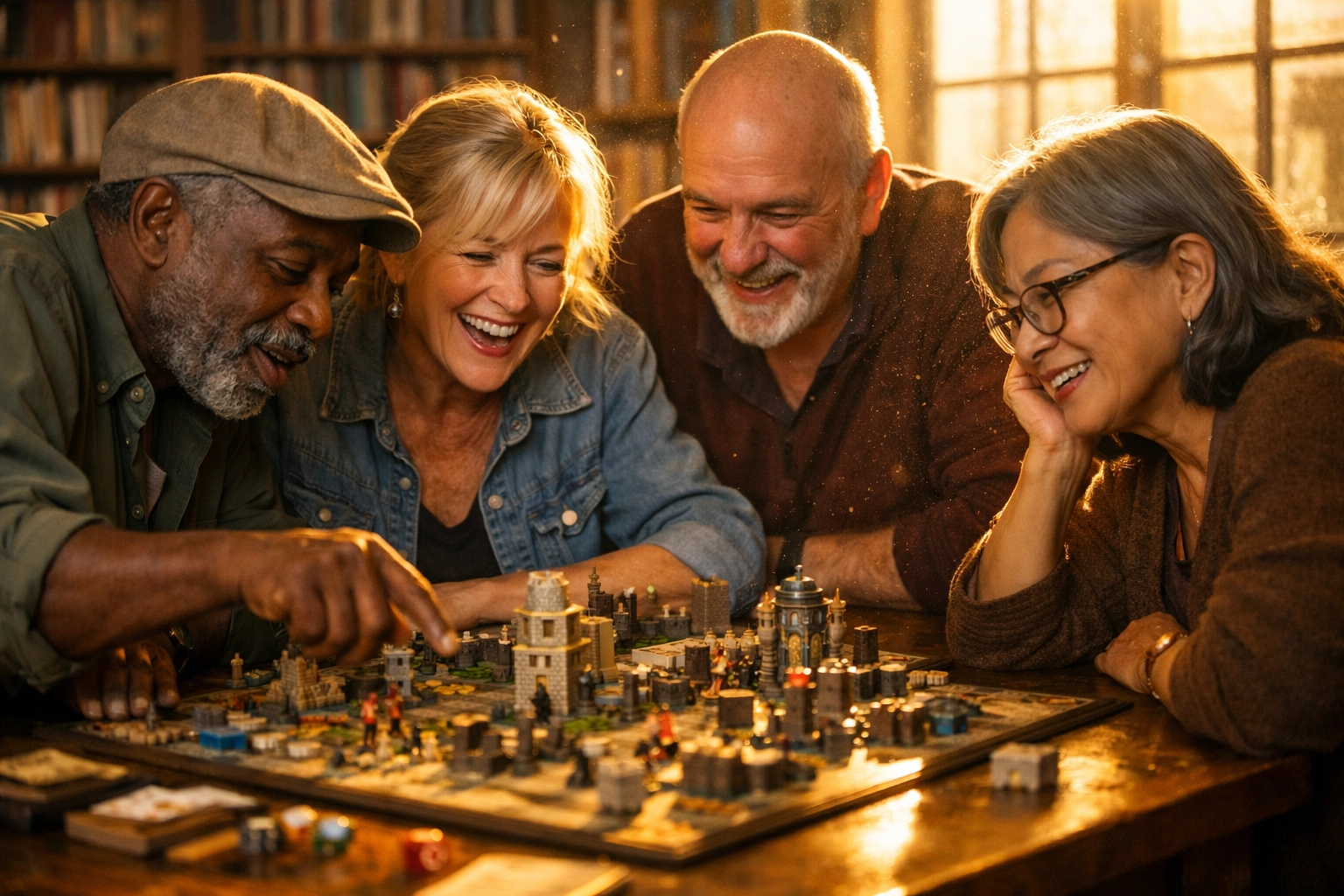 Active seniors playing a strategy game together to improve cognitive reserve and social health.
