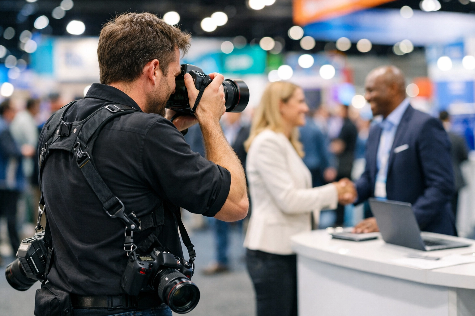 Business event photography of professionals networking at a trade show in Los Angeles.