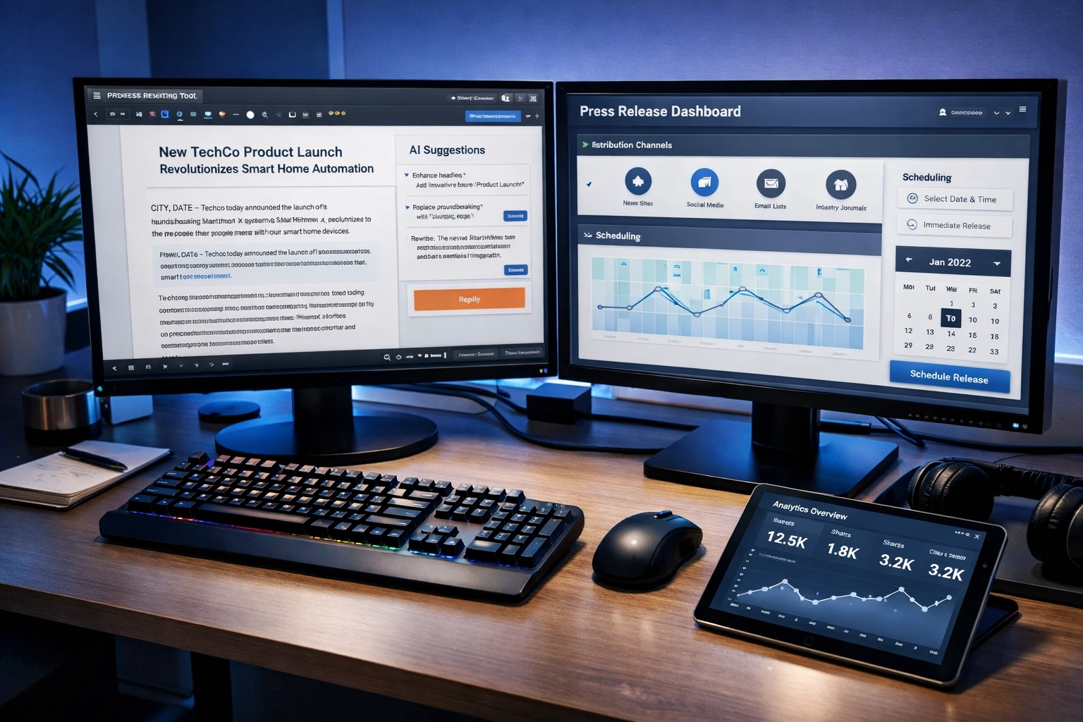 Dual-monitor workstation featuring AI-powered press release automation software and distribution tools