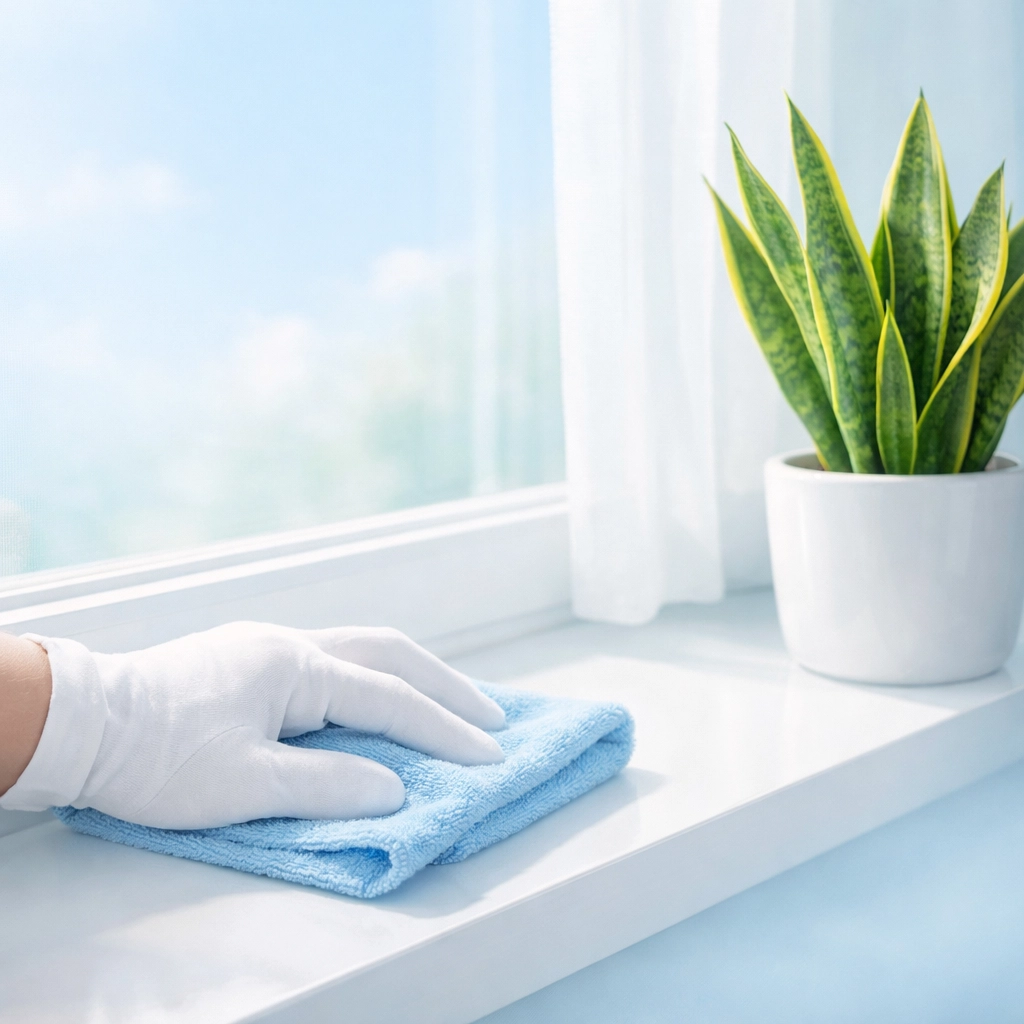 Detailed deep cleaning service in Cedar Falls removing dust from windowsills to improve air quality.