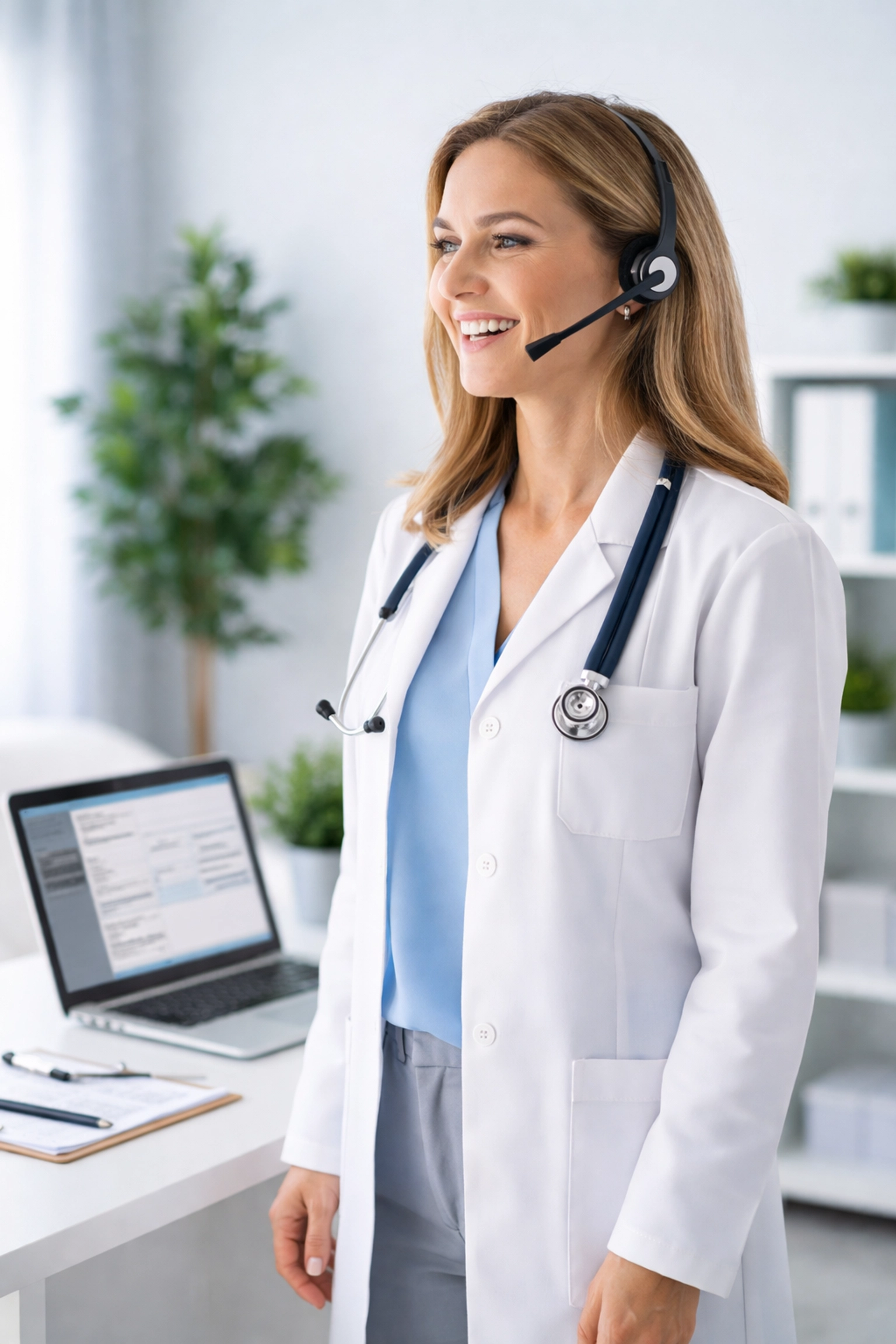 Smiling clinician using voice dictation in a modern office, illustrating how AI can simplify medical documentation tasks.