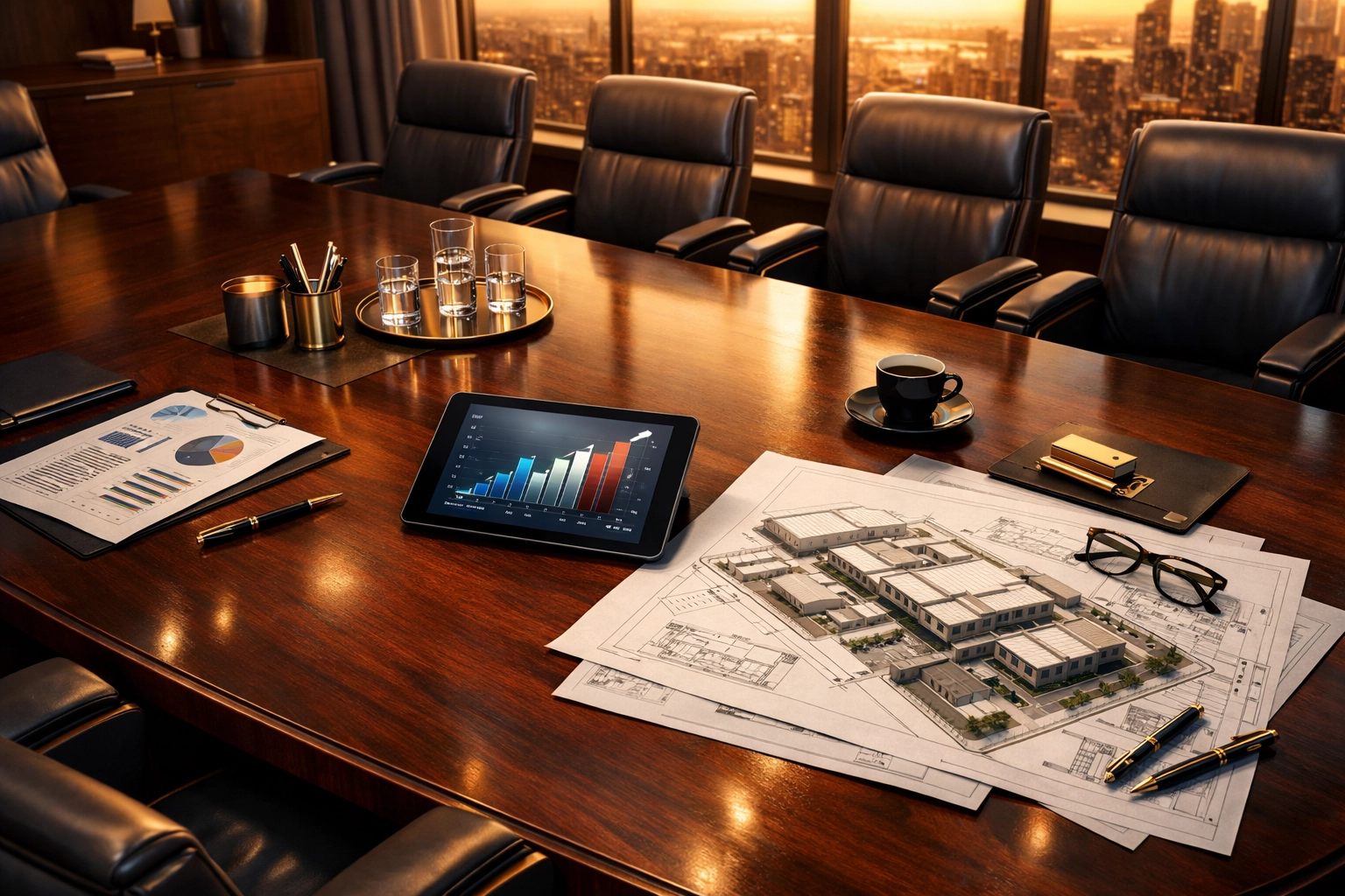 Private equity boardroom with financial documents and growth charts for high-net-worth investors