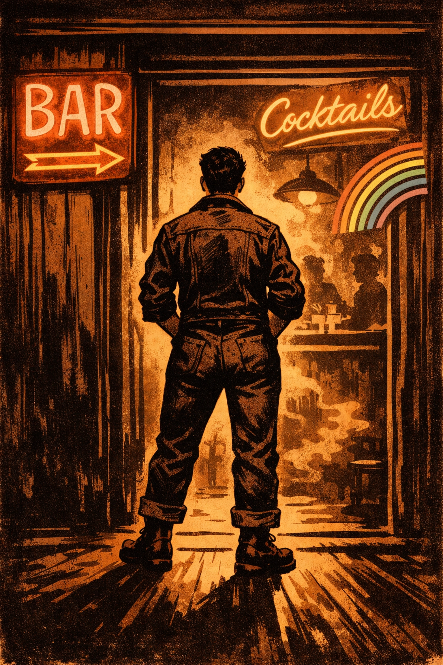 Butch figure standing at bar entrance in 1950s representing Stone Butch Blues and historical LGBTQ+ struggles