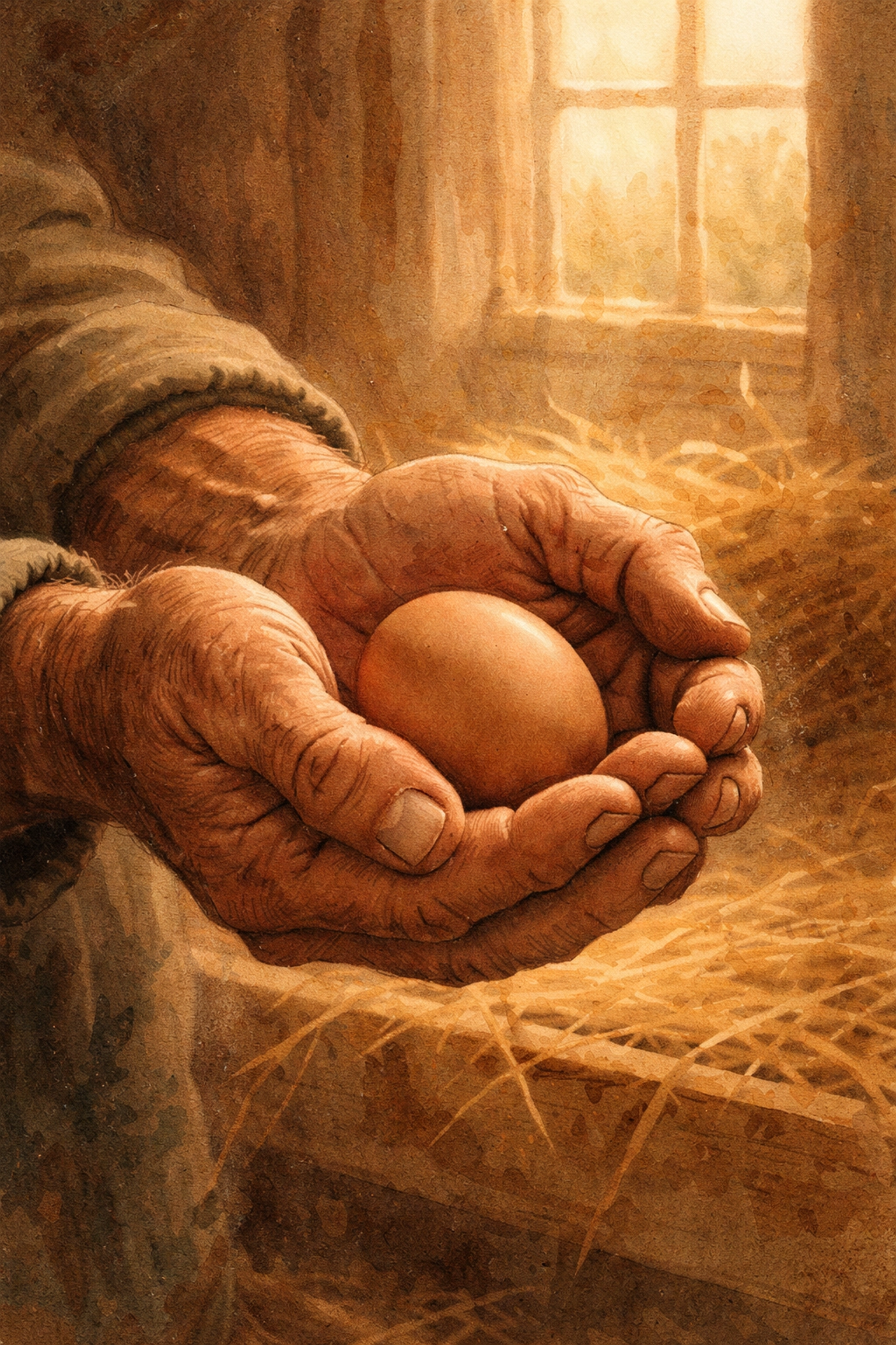 Farmer’s hands gently holding a fresh brown egg in a rustic barn, symbolizing ethical farming and faithful stewardship.