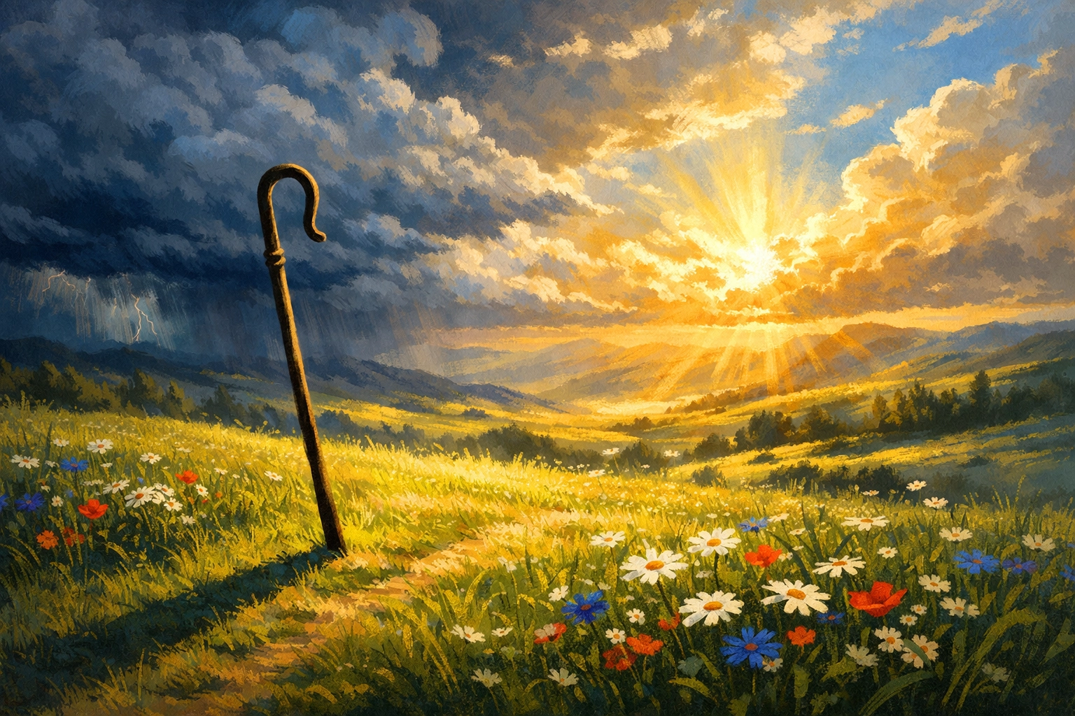 Shepherd's staff in peaceful meadow with storm clouds and breaking sunlight