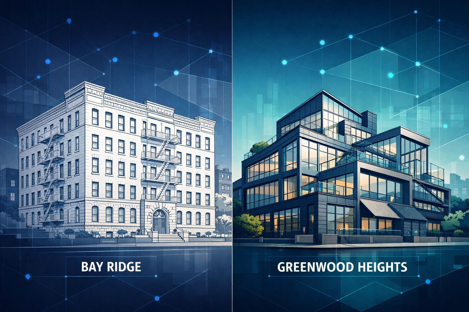 Digital comparison of classic Bay Ridge apartment buildings and modern Greenwood Heights developments.