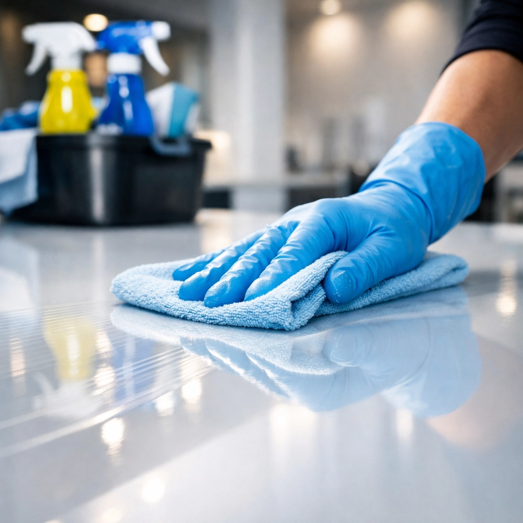 Expert rental property cleaning Groton MA, showing hands sanitizing a high-gloss countertop.