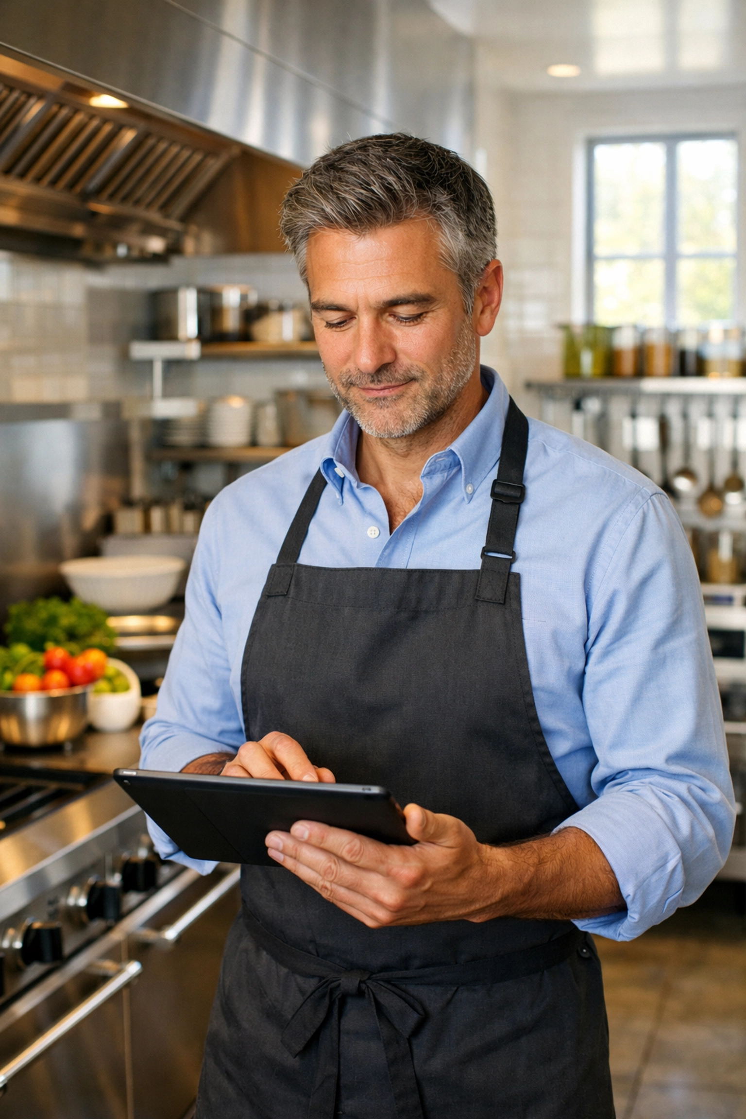 Restaurant owner reviewing business liability and insurance policies on a tablet in a commercial kitchen.