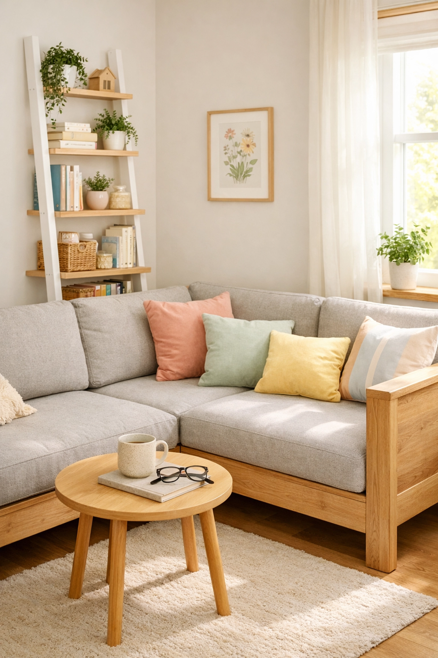 Corner sectional sofa and ladder bookshelf making use of corner space in small living room