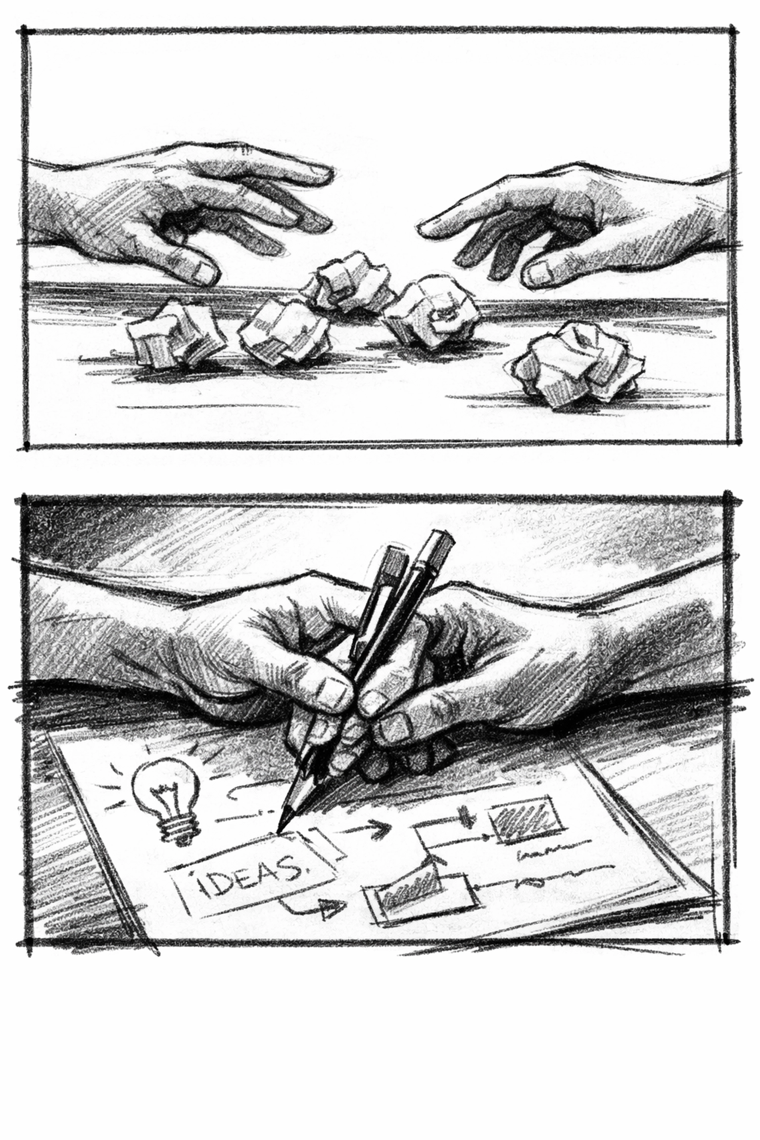 Hands collaborating on creative work, moving from failed attempts to shared problem-solving