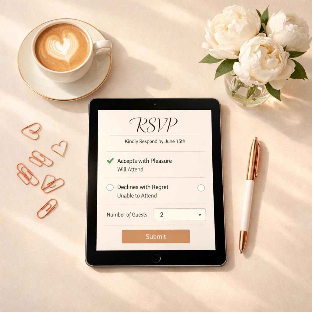 Digital wedding RSVP interface on tablet with coffee during morning planning session