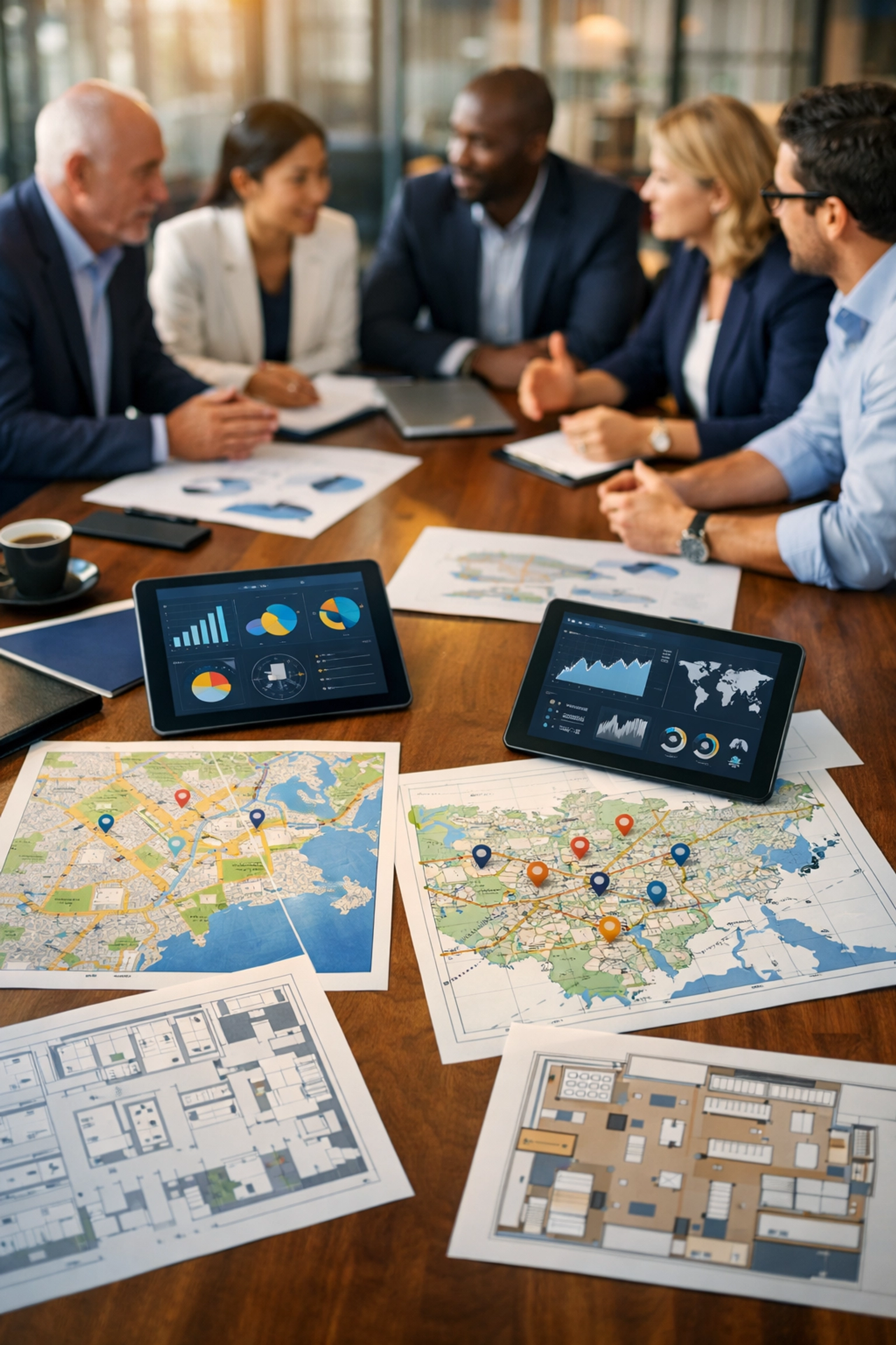 Business executives planning multi-venue advertising strategy with location maps and digital analytics dashboards