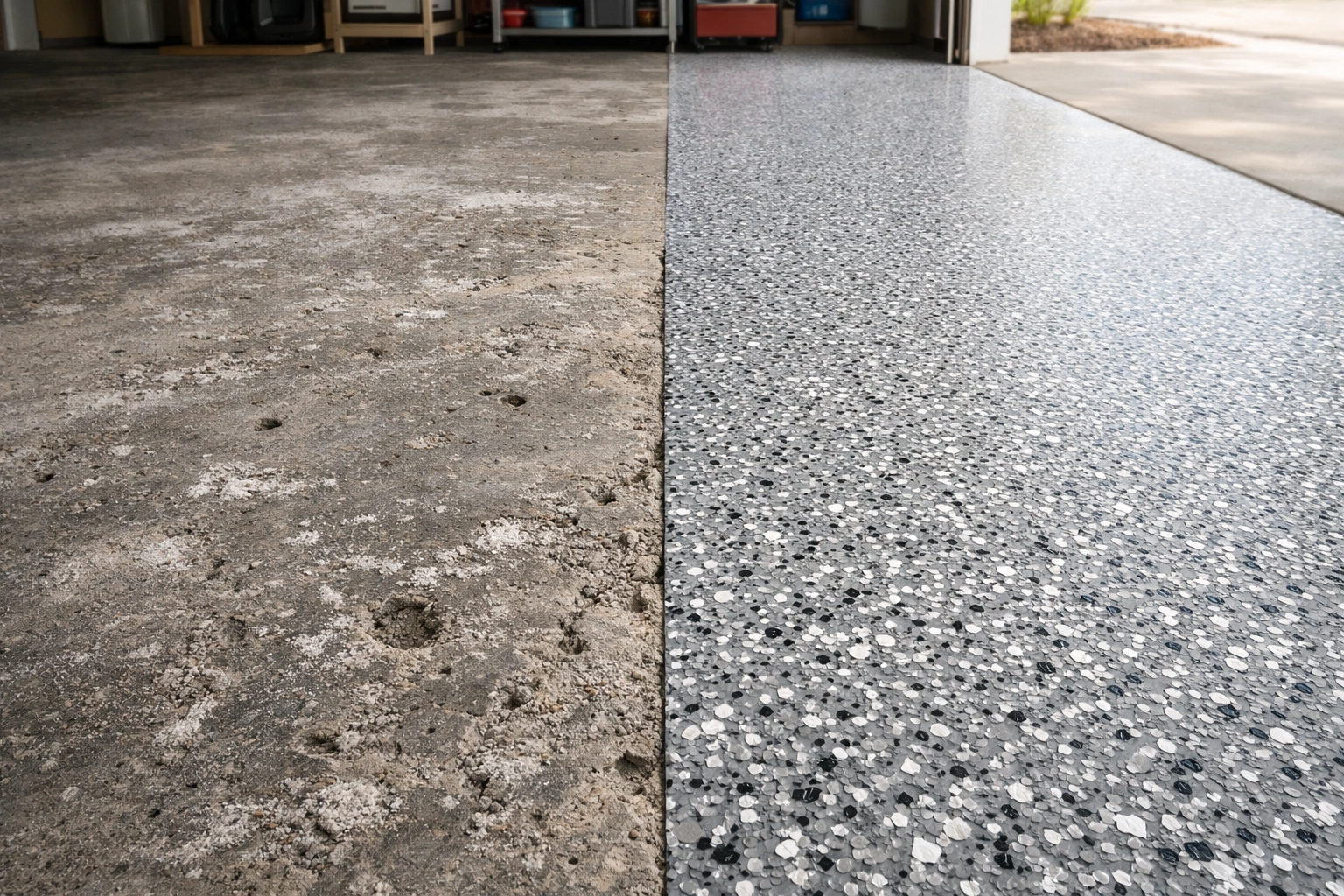 Split view of a Regina garage floor showing salt-pitted concrete vs. a new polyaspartic flake coating.