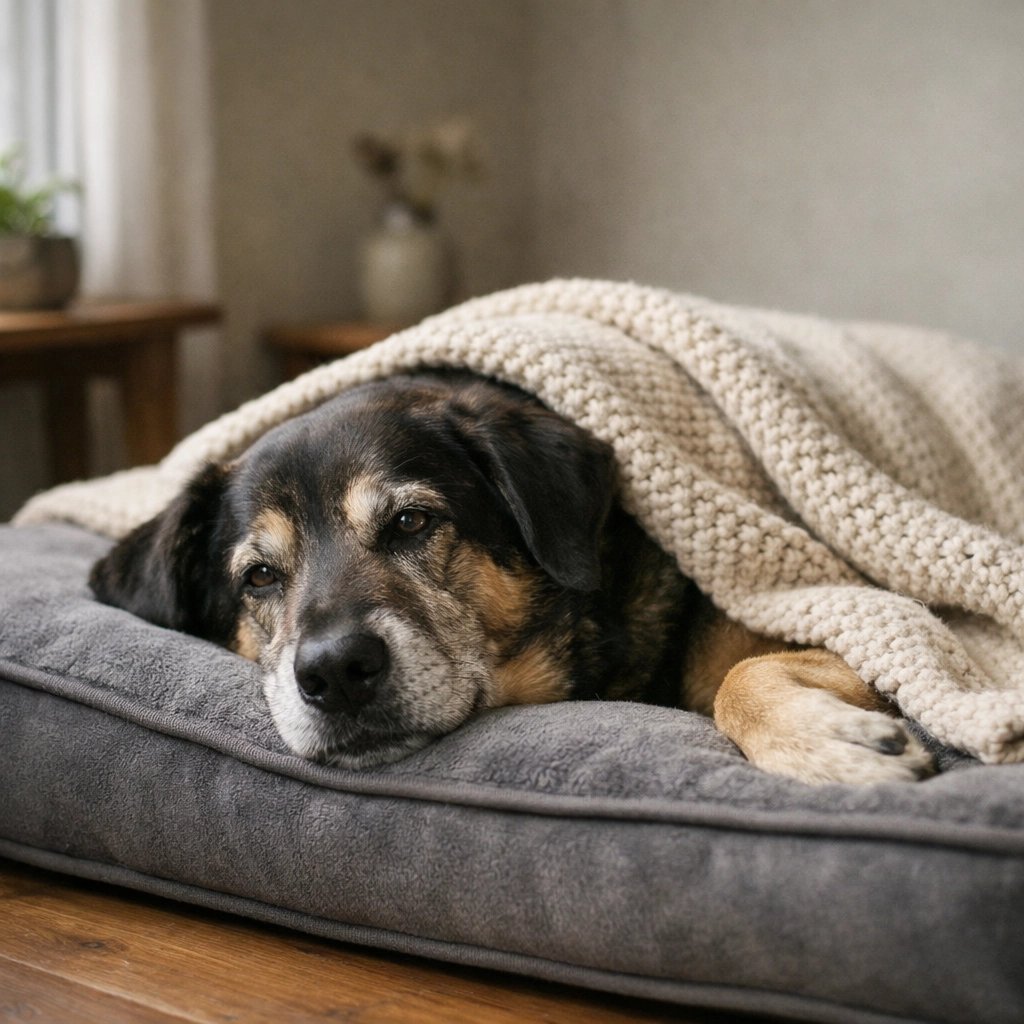 Comforting setup for a dog with stage 5 lymphoma resting on an orthopedic bed.