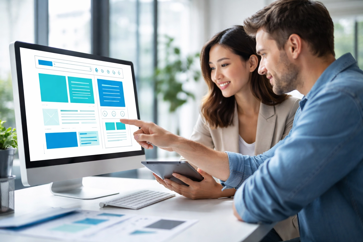 Two professionals collaborating on website design and SEO strategy in a bright, modern office.