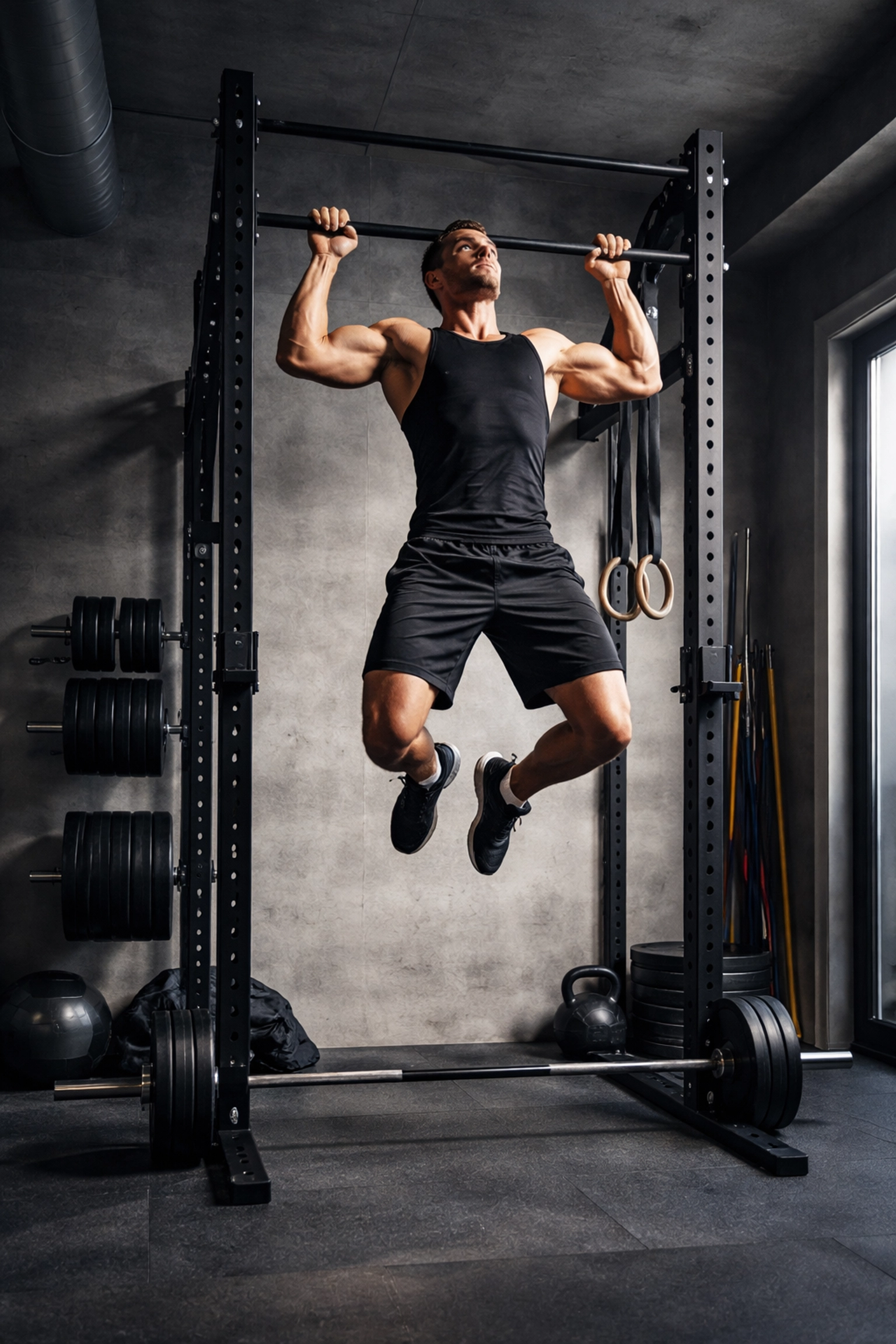 Athlete performing a pull-up on a floor-to-ceiling gym for full body resistance training at home