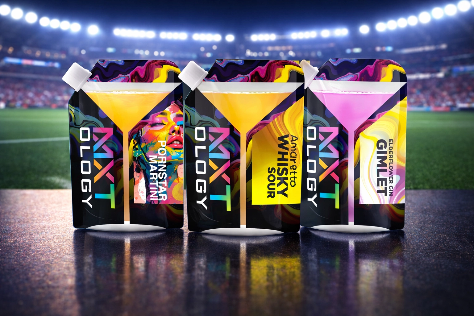 Premium RTD cocktail pouches in various flavors displayed with a football stadium in the background.