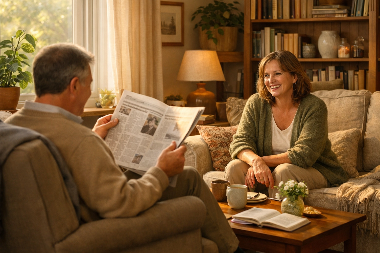 Family reading newspaper together in peaceful living room without digital devices