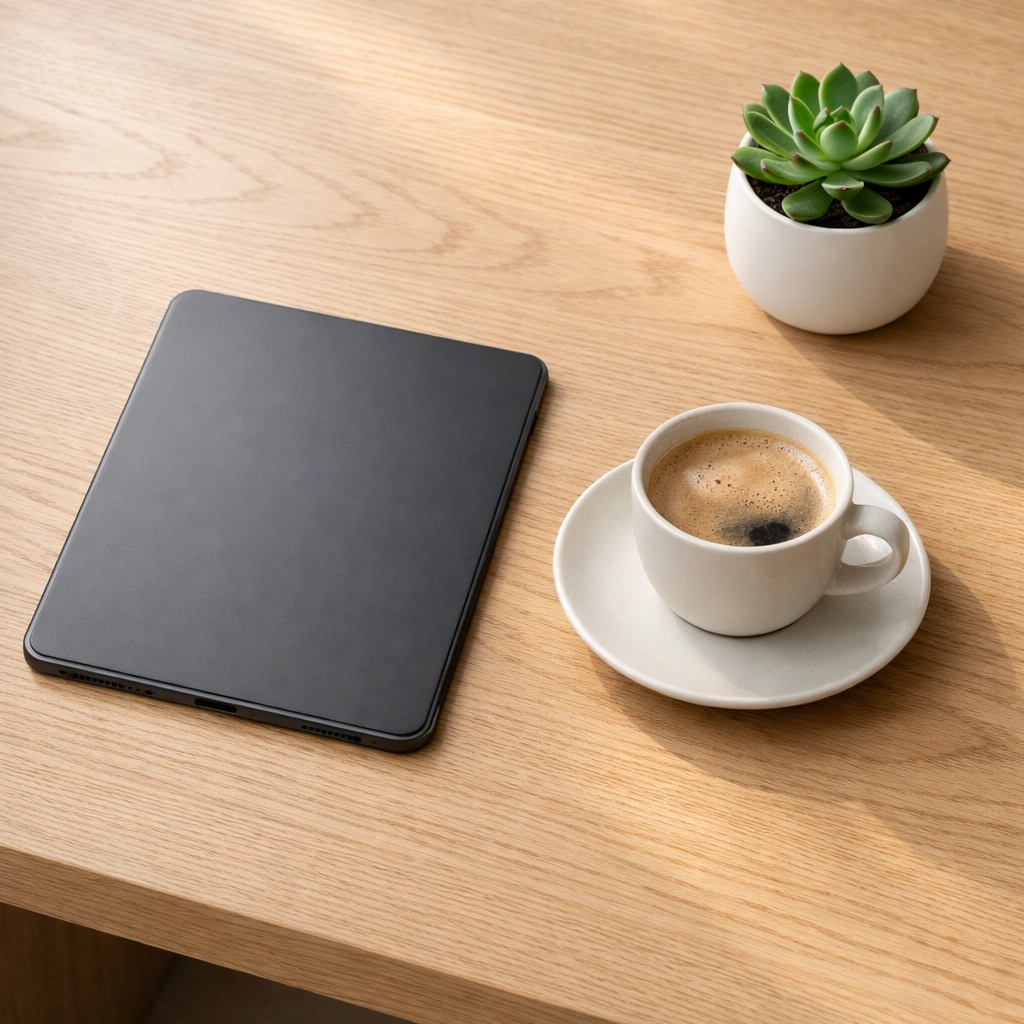 Modern tablet on an oak desk showing how hospitality software streamlines hotel operations.