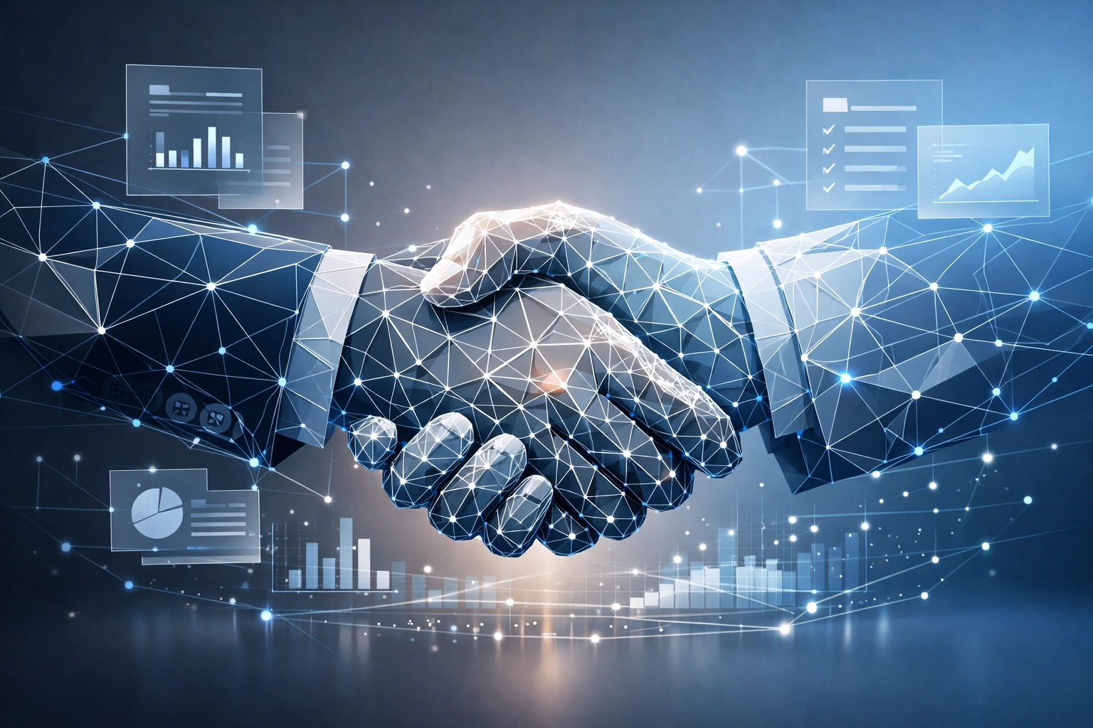 Digital handshake symbolizing managed IT provider partnership and collaboration
