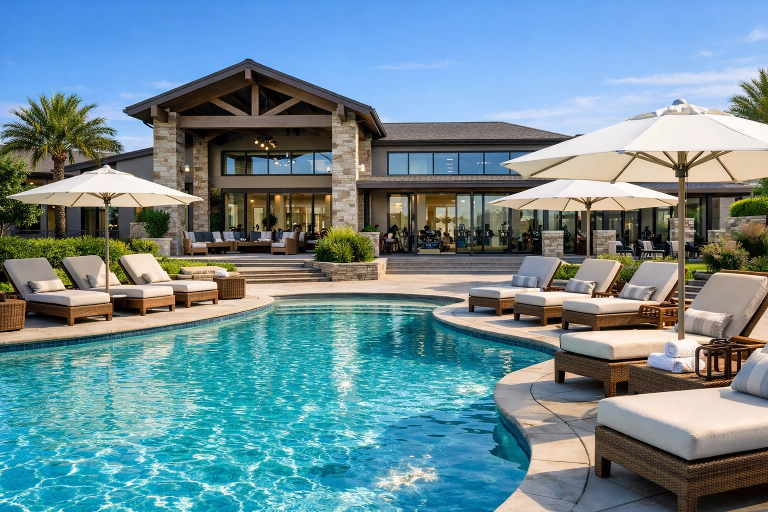 Luxury resort-style pool and community clubhouse in a Cape Coral neighborhood.