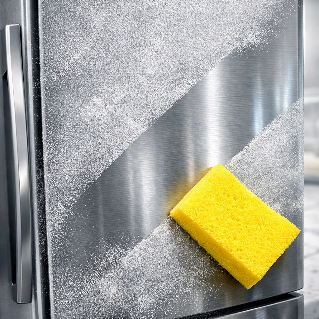 Removing construction dust from a stainless steel refrigerator with a soft cleaning sponge.