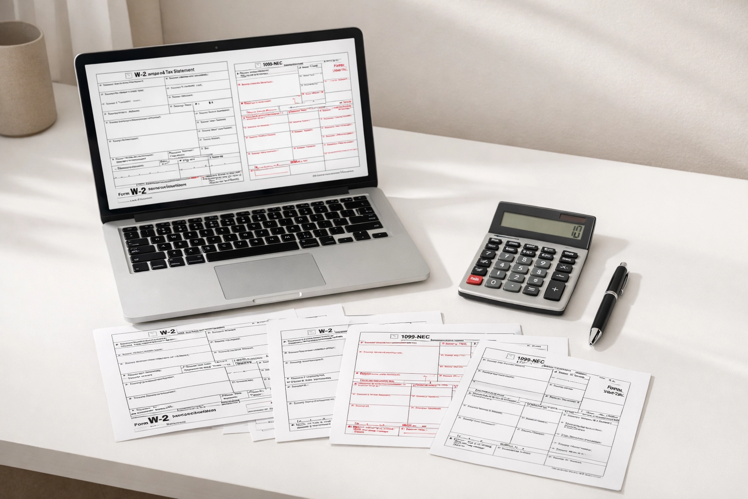 Tax professional verifying W-2 and 1099 income forms with calculator for IRS due diligence