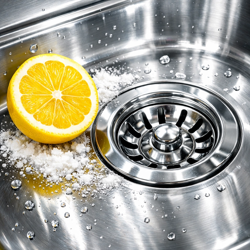 Using a lemon half and baking soda to scrub and deodorize a shiny stainless steel kitchen sink naturally.