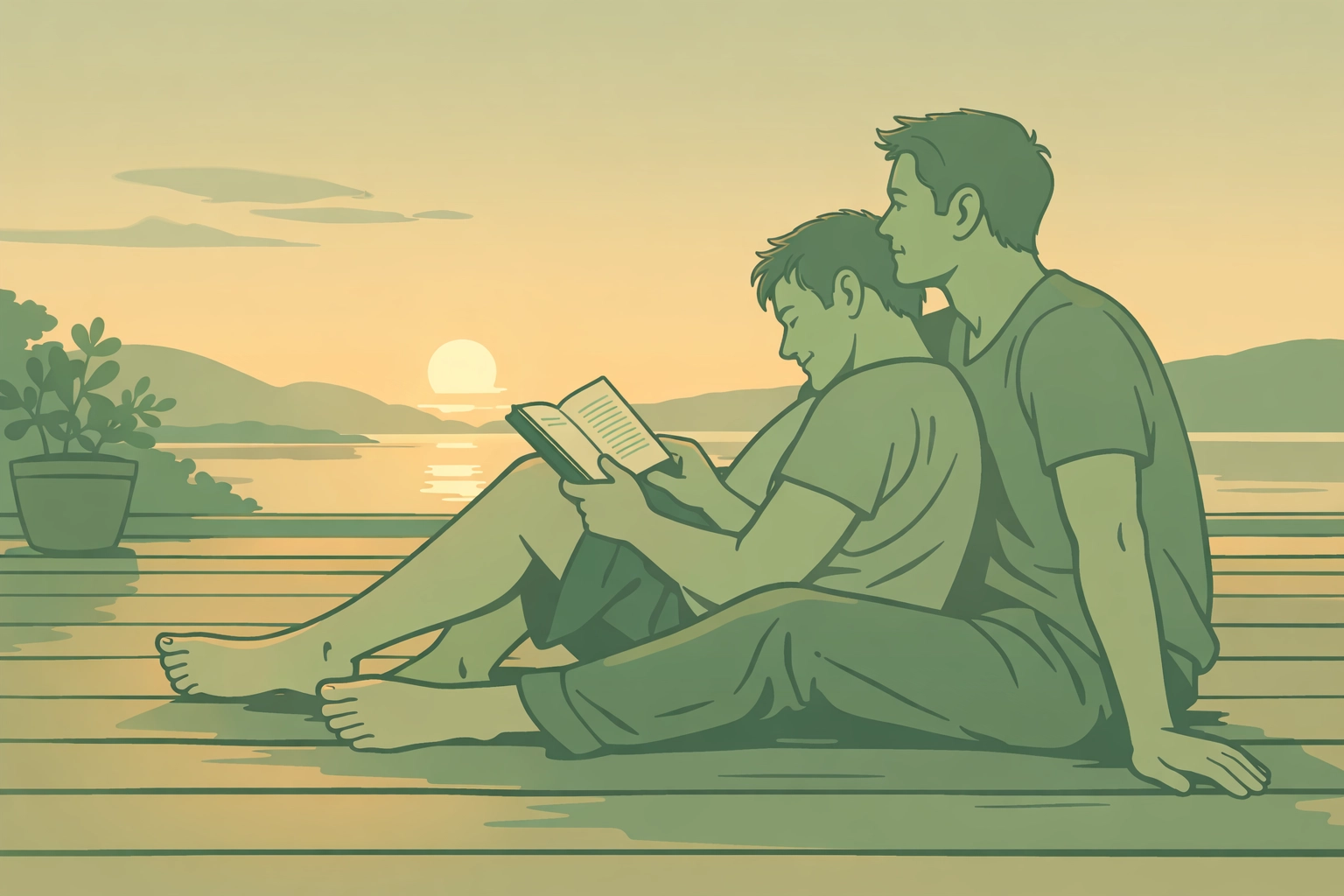 Two men relaxing together on deck at sunset, intimate moment in naturist lifestyle