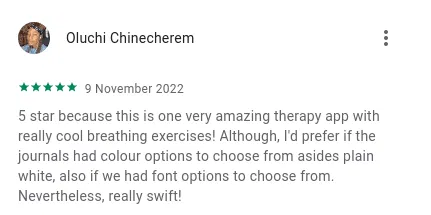 A user review praising the Mytherapist.ng app's tools and swift service.