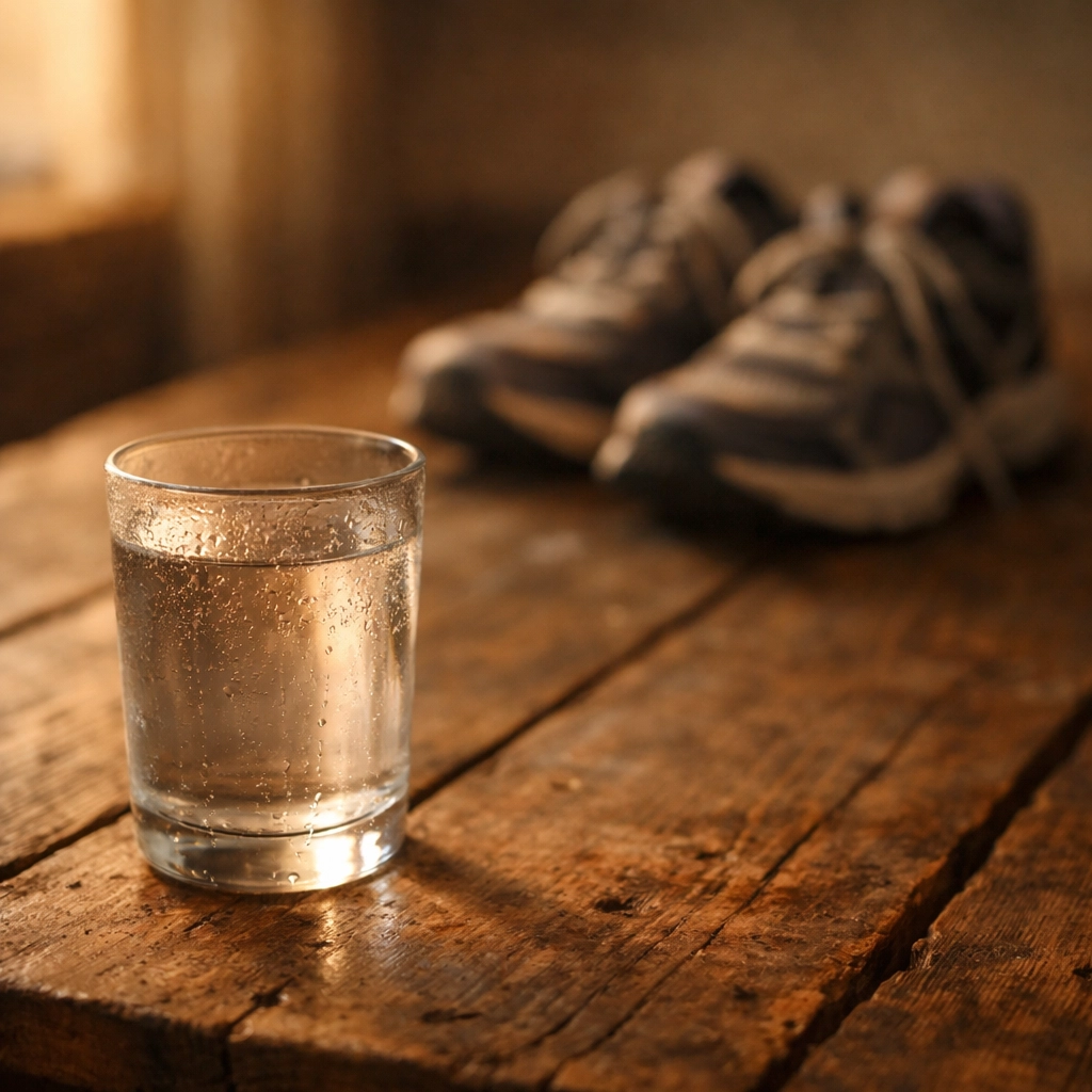 Pohár víz és futócipő az asztalon, jelképezve az életmódváltás fontosságát a szexuális egészség helyreállításában.