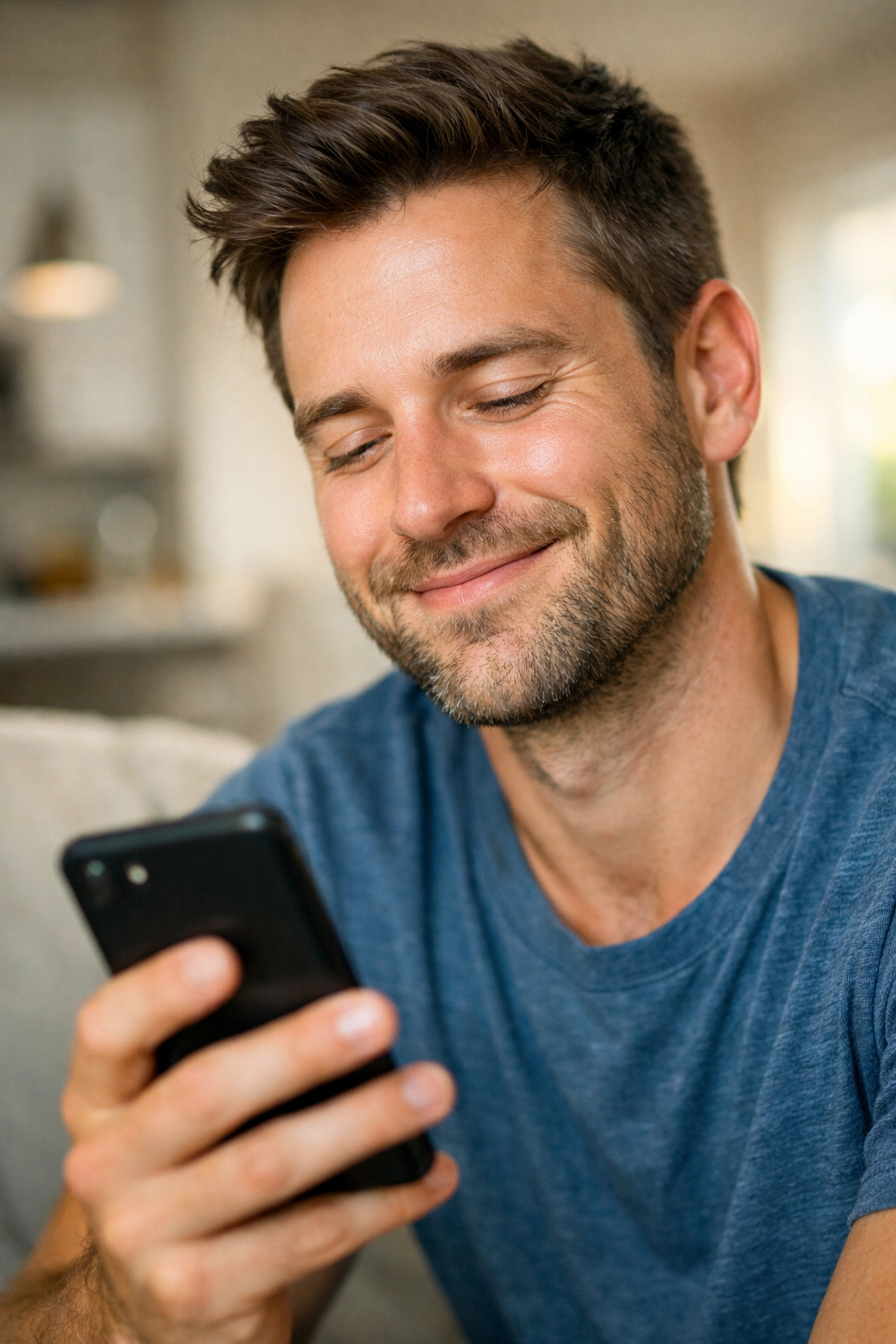 Jeune homme soulagé obtenant un prêt sans enquête de crédit sur son smartphone.