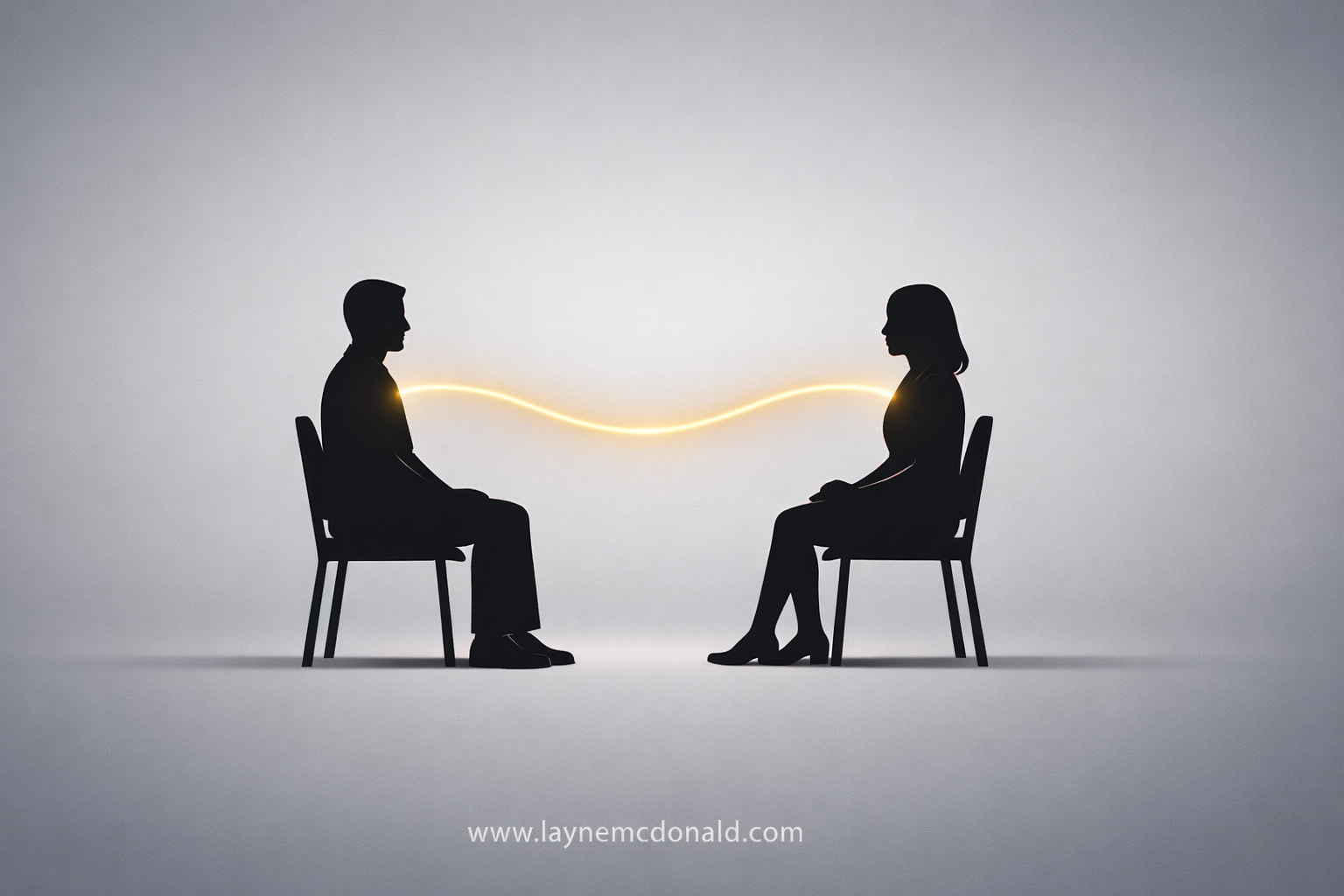 Minimalist vector of two silhouettes in a heart-to-heart conversation for Christian emotional healing and listening.