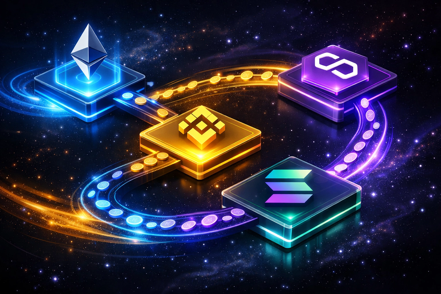 Cross-chain blockchain networks connecting Ethereum, Binance, Polygon, and Solana for token swaps