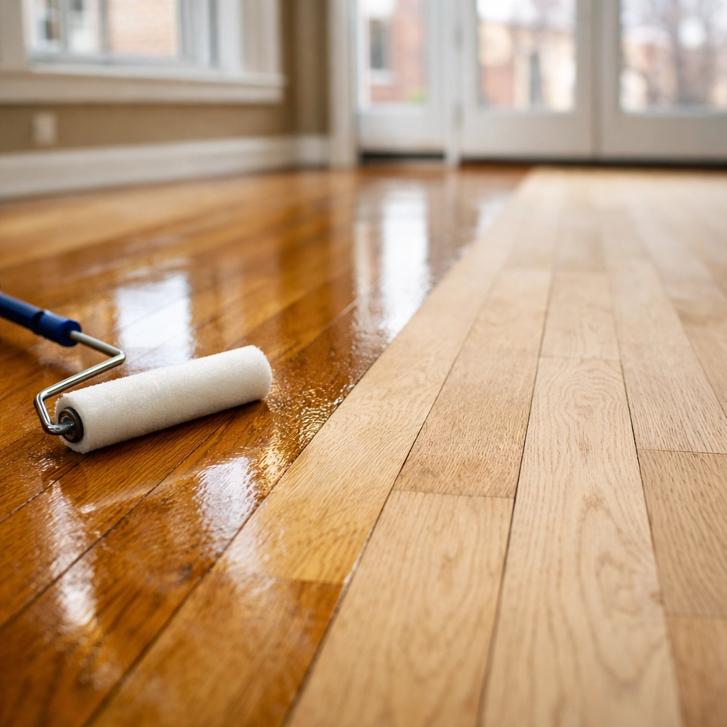 Applying polyurethane finish to Chicago hardwood floors during refinishing