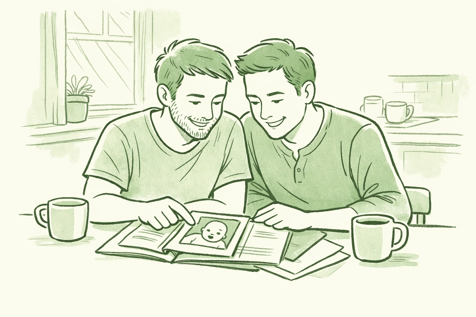 Gay couple planning adoption reviewing family materials building future together