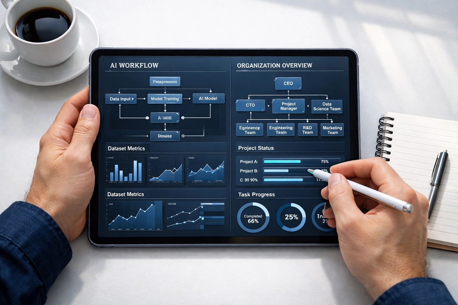 Business professional managing AI workflow orchestration on tablet dashboard interface