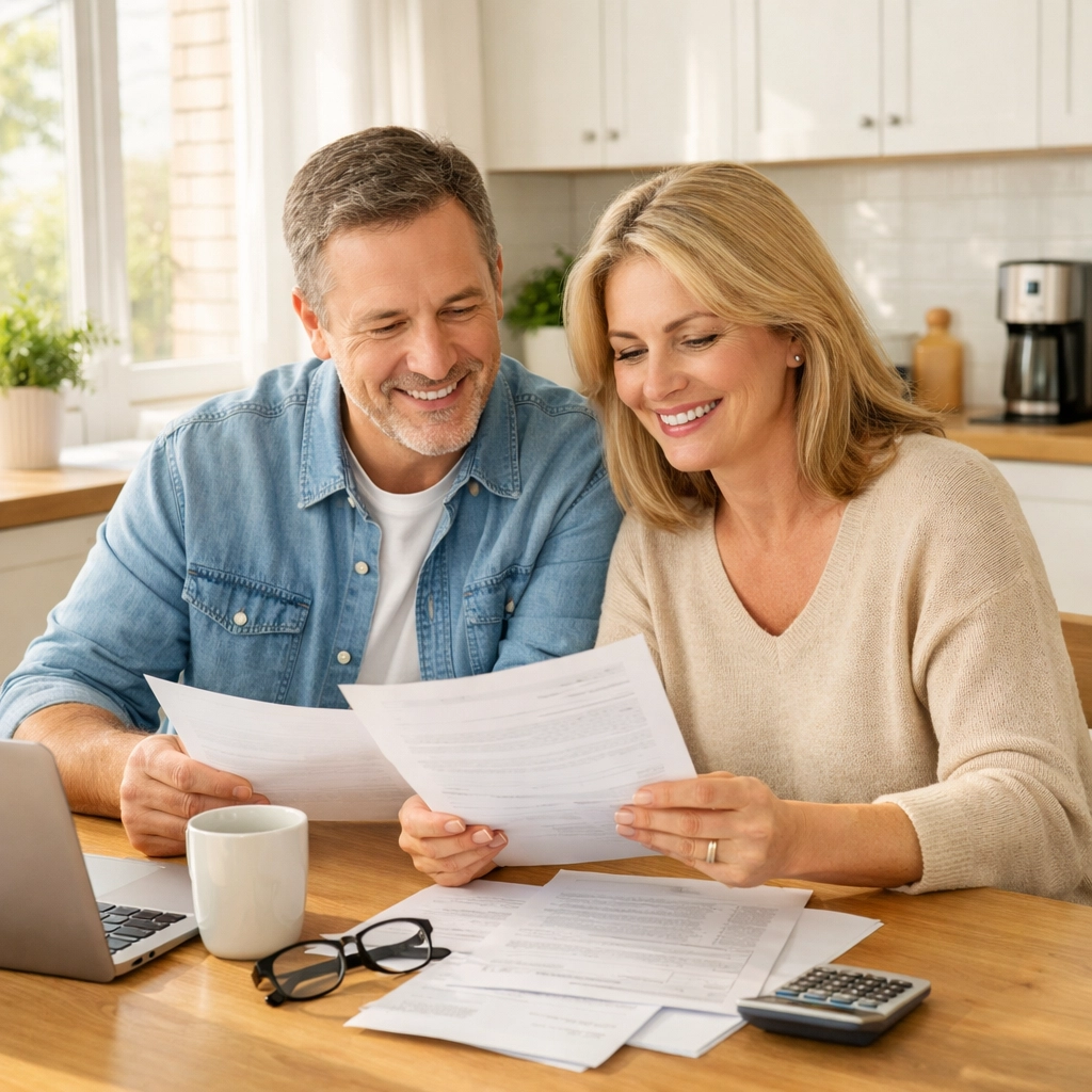 South Jersey couple reviewing home selling options at kitchen table with morning light