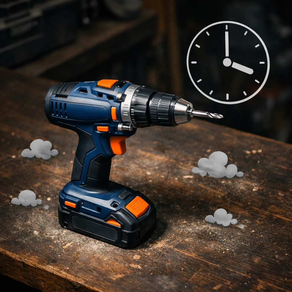 Expensive power drill collecting dust on a garage workbench, highlighting the waste of impulse tool purchases.