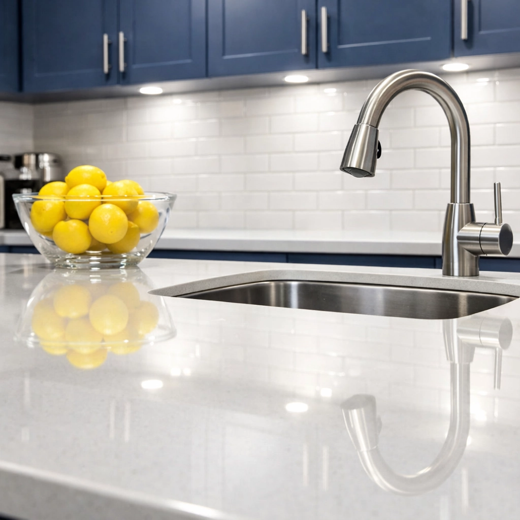 Sanitized office breakroom with polished quartz countertops highlighting expert commercial cleaning Maynard.