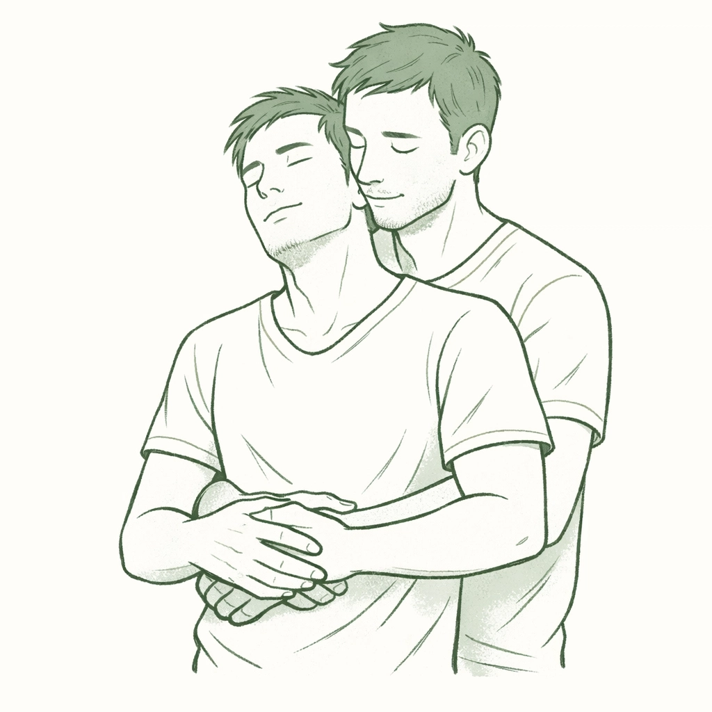 Two men in intimate embrace showing trust and vulnerability in MM relationship