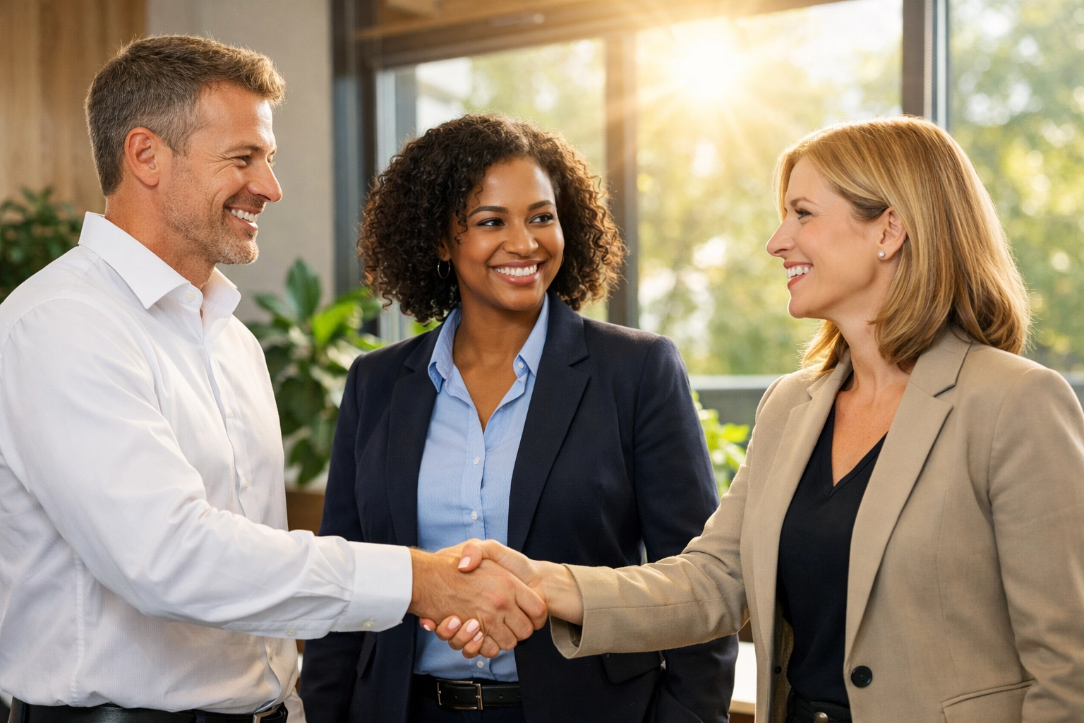 Professionals shaking hands in a bright office to symbolize energy sector partnerships and workforce transition.