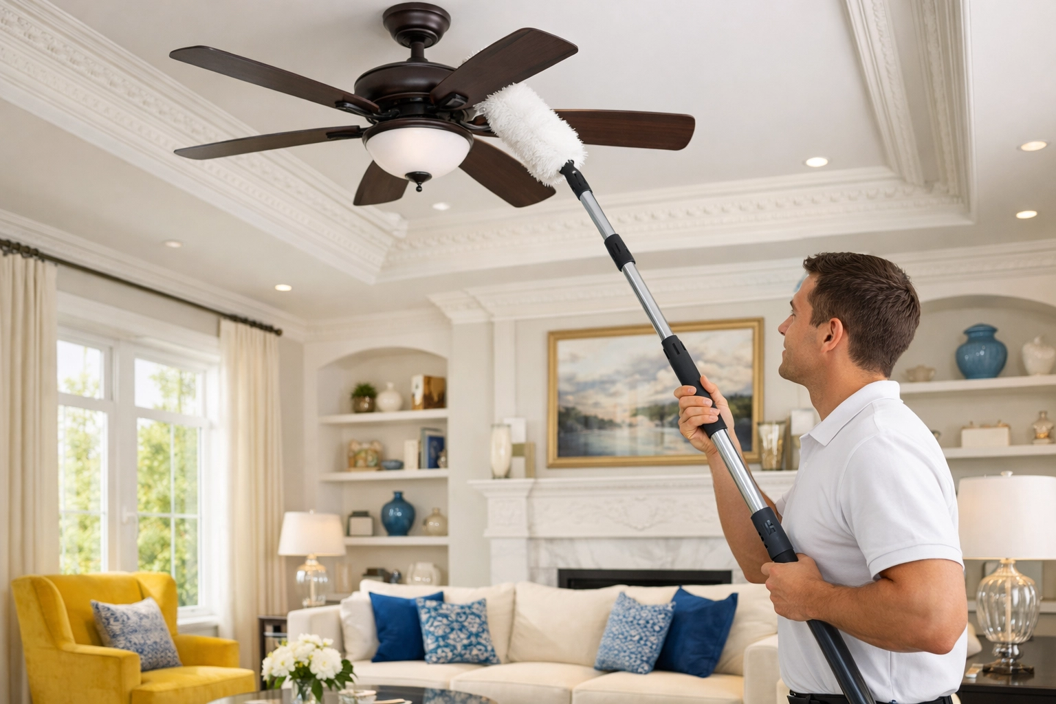 A professional cleaning expert dusting high ceiling fans during a comprehensive deep cleaning Marlborough project.