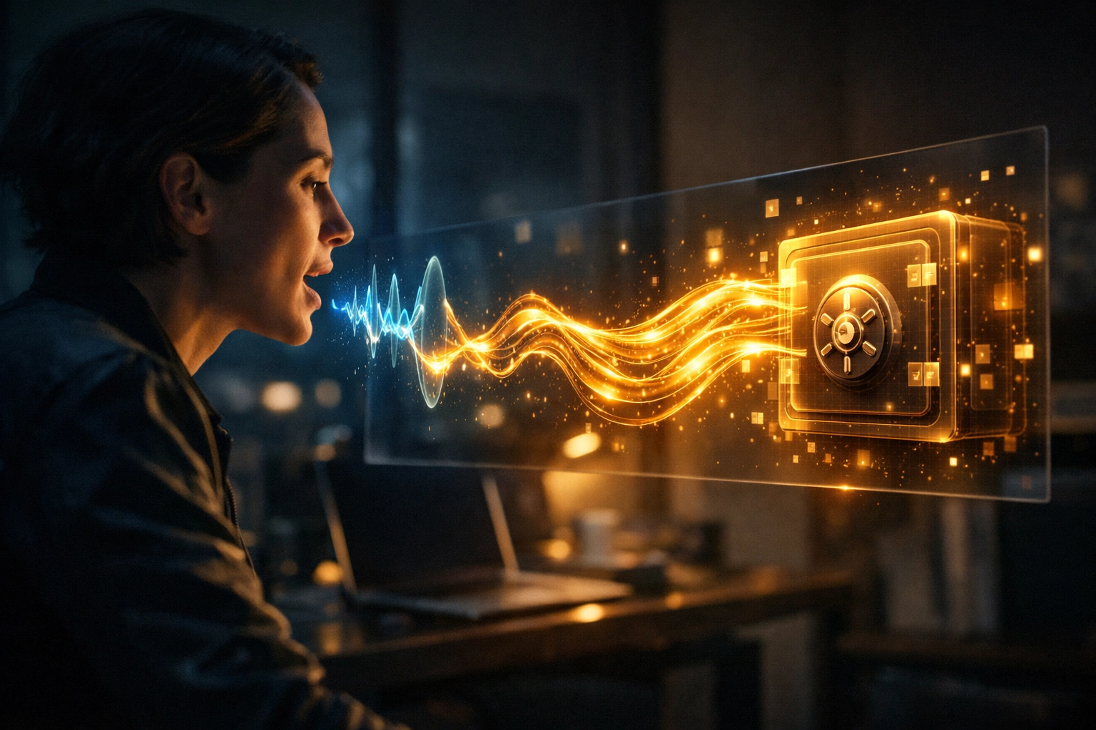 User utilizing natural language voice commands to manage crypto wallets and Web3 payments with Larecoin AI.