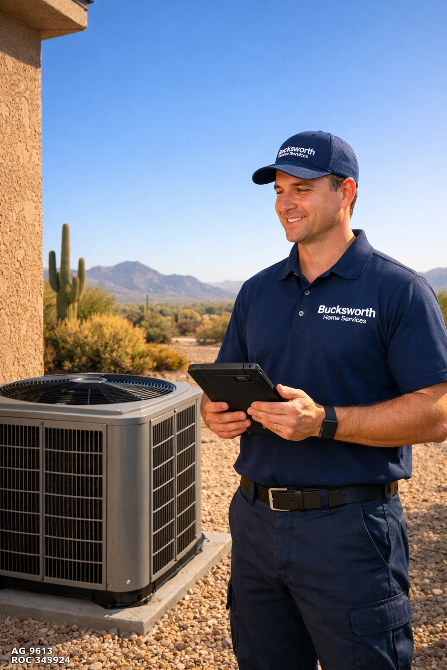 Professional AC repair in Tonopah AZ: Bucksworth technician inspecting a desert home cooling system.