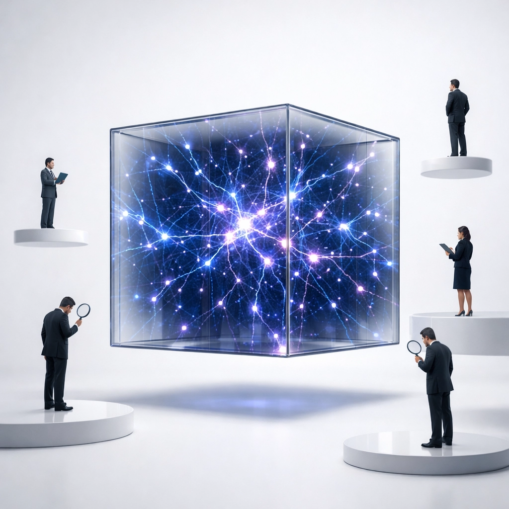 Professionals examining complex AI neural network system from multiple angles demonstrating human oversight